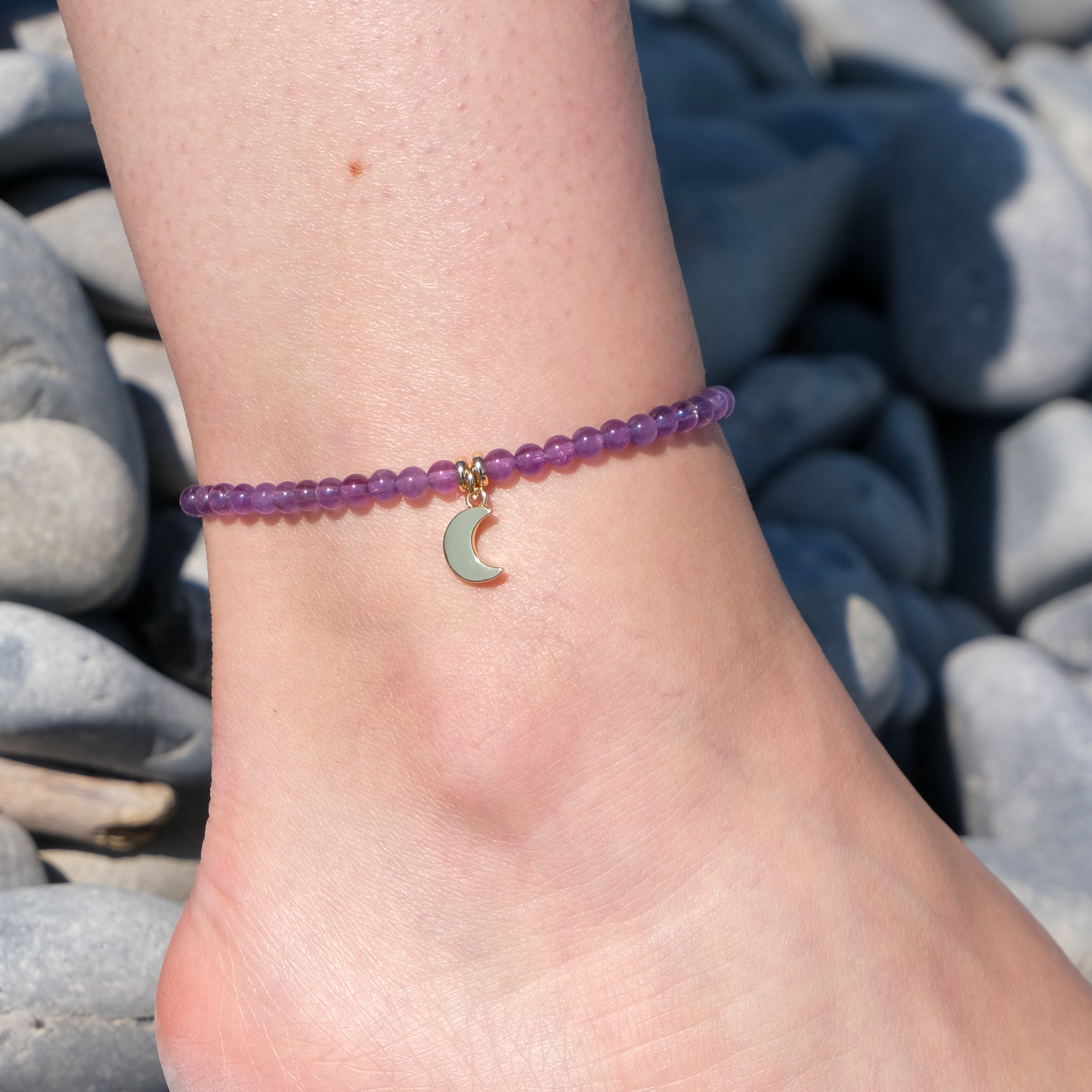 Amethyst crystal anklet with gold moon charm