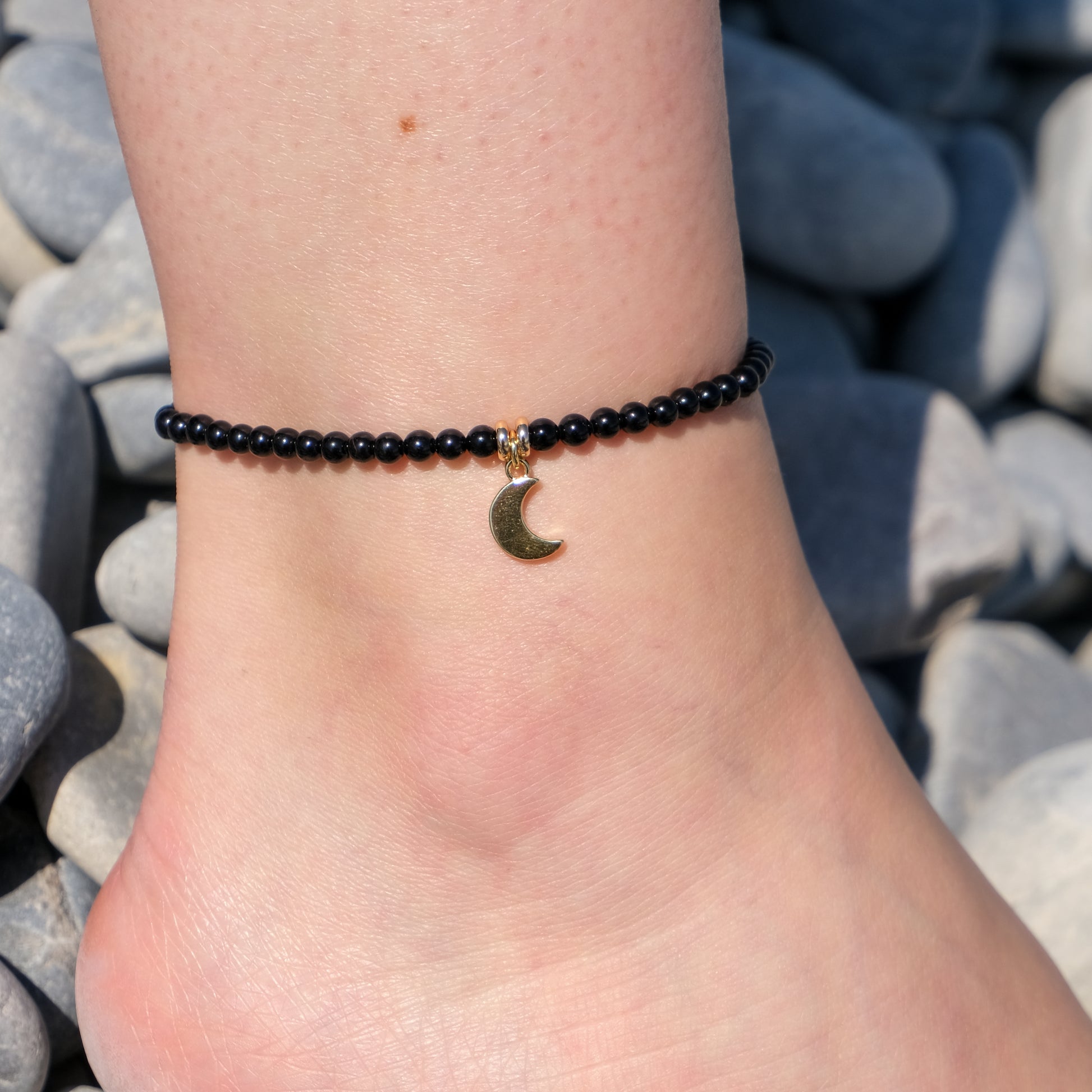 Black Tourmaline crystal anklet with gold moon charm