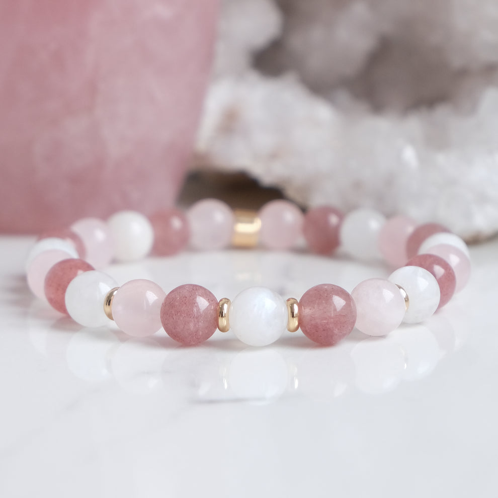 Moonstone Strawberry Quartz and Rose Quartz Energy Gemstone Bracelet