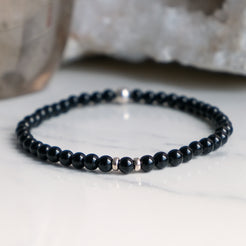 4mm black tourmaline beaded bracelet with silver accessories