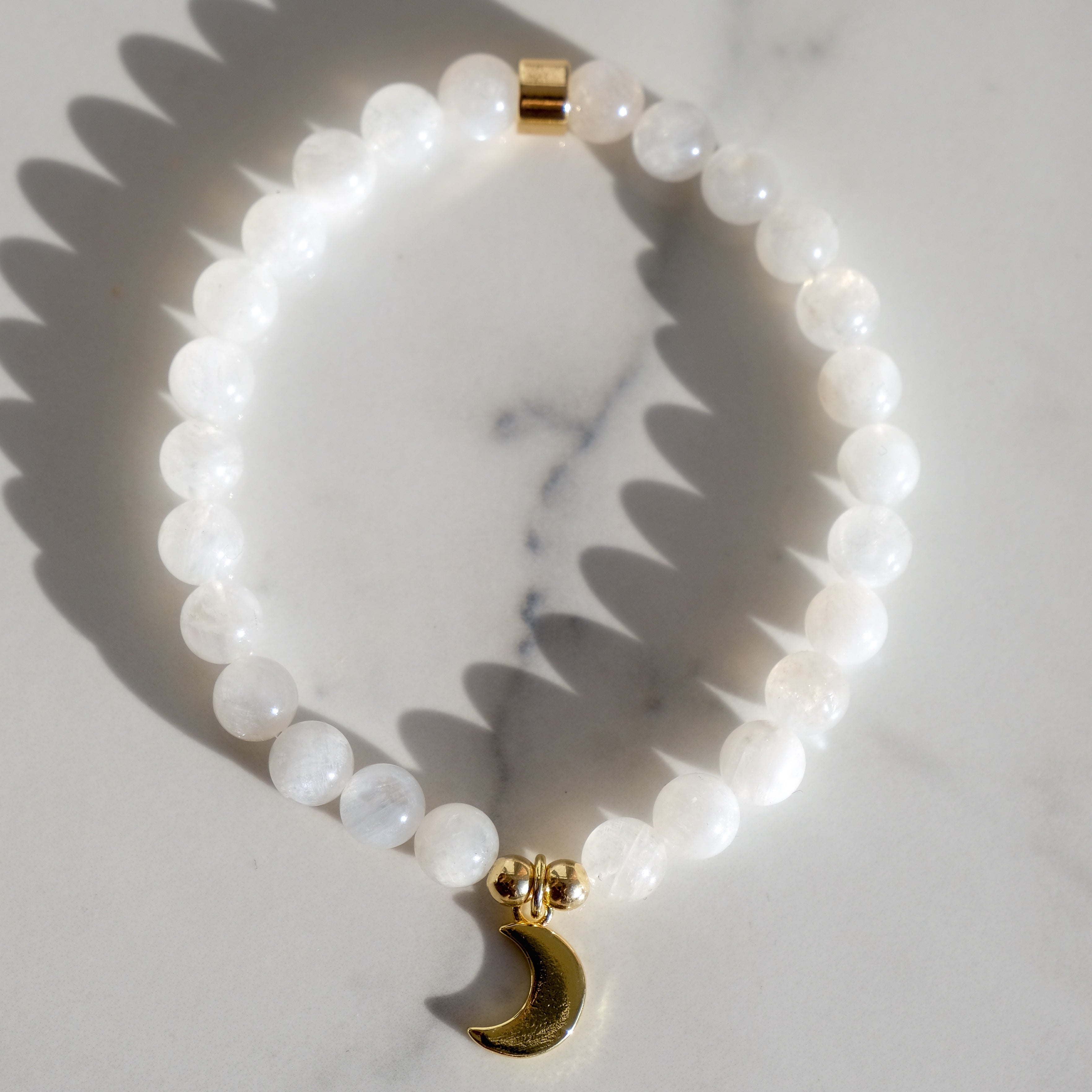 6mm moonstone gemstone bracelet with gold moon charm