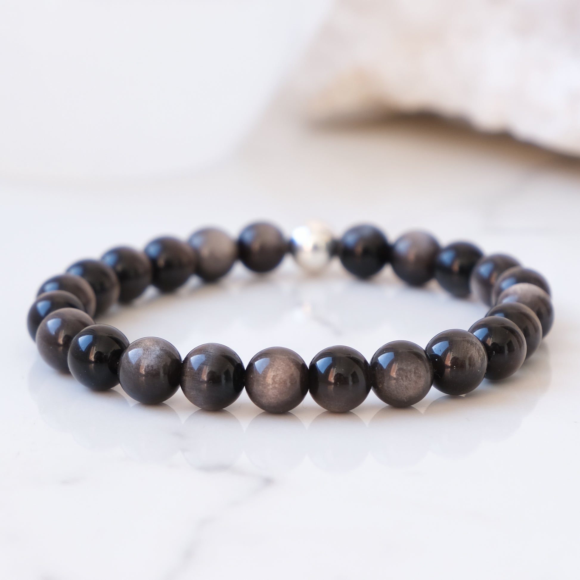 Silver sheen obsidian 8mm gemstone bracelet with silver accessory