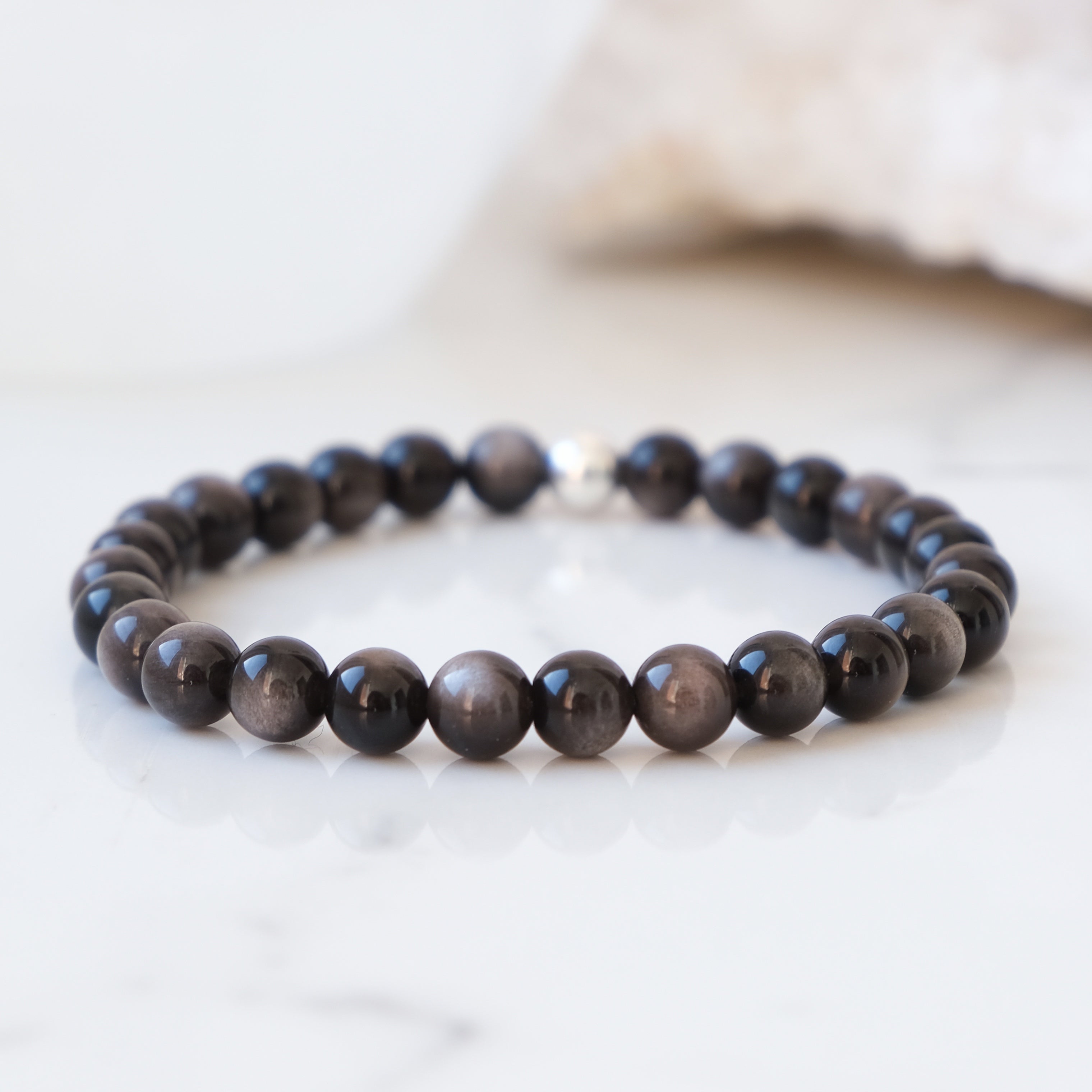 Silver sheen obsidian 6mm gemstone bracelet with silver accessory