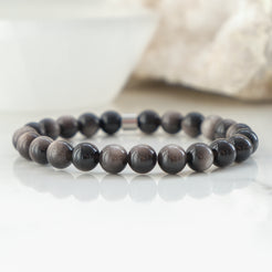 Silver sheen obsidian 8mm gemstone bracelet with steel accessory