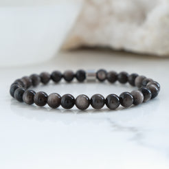 Silver sheen obsidian 6mm gemstone bracelet with silver accessory