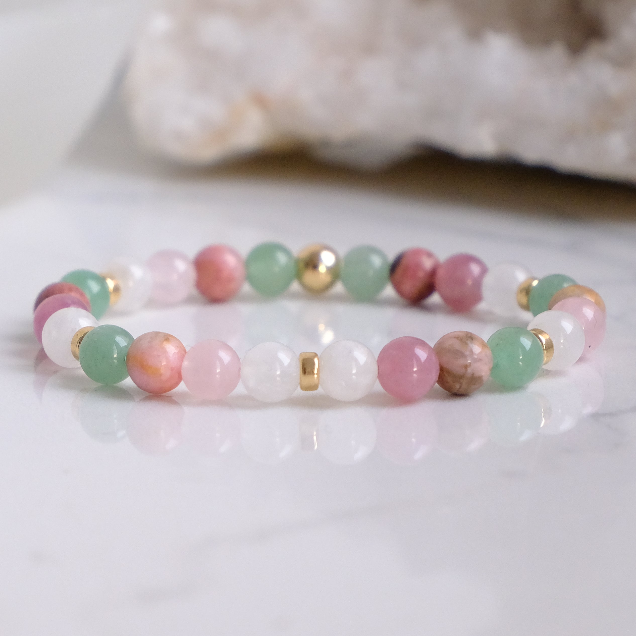 Heart Healing Love gemstone bracelet with gold accessories