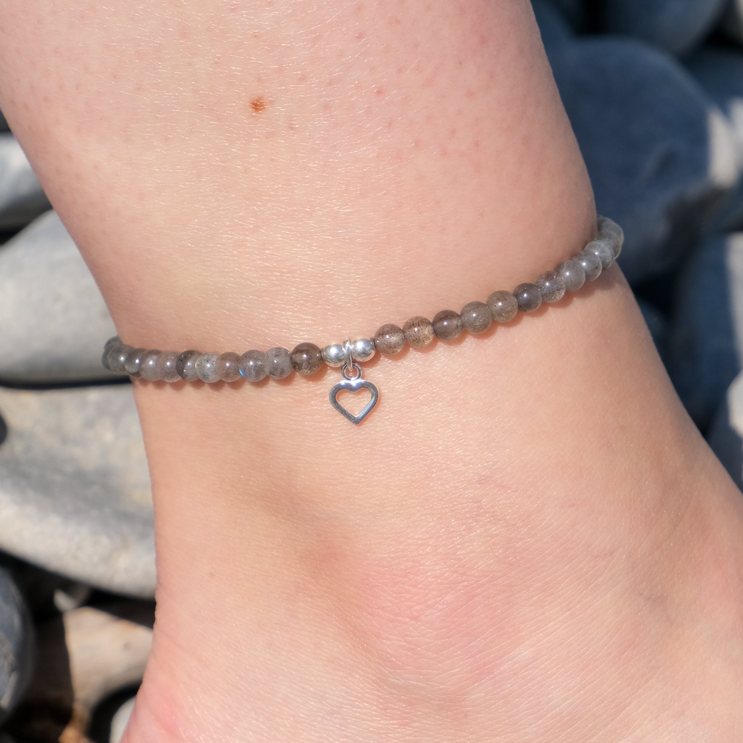 Labradorite crystal anklet with silver heart
