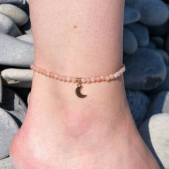 Sunstone crystal anklet with gold moon charm