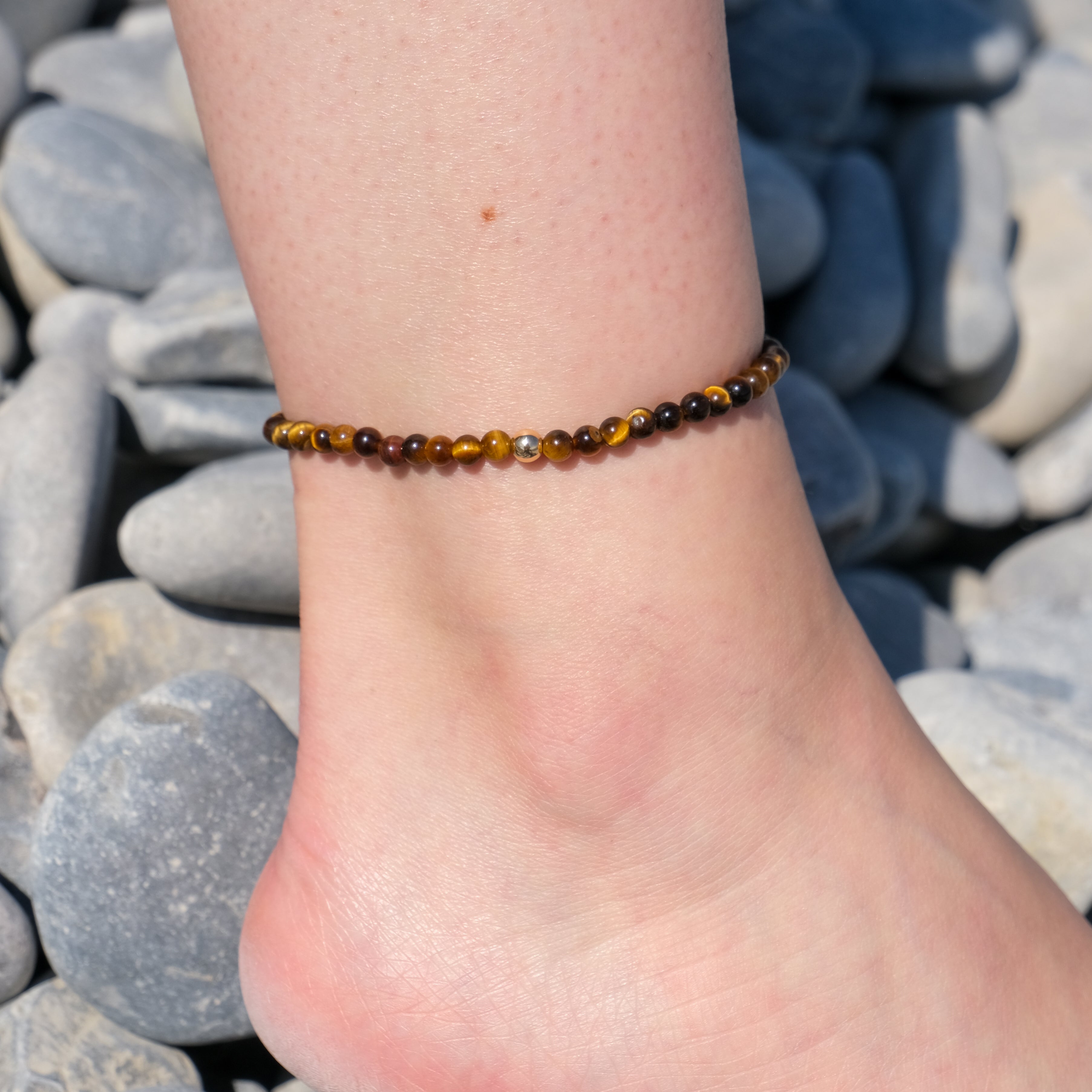 Tiger Eye crystal anklet with gold feature bead