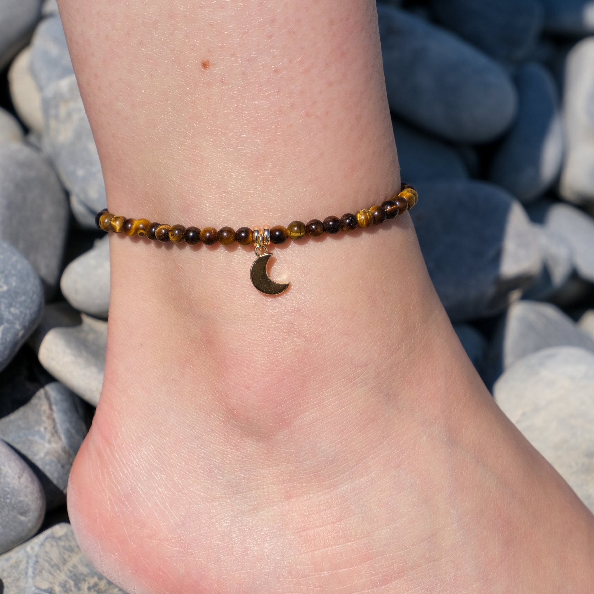 Tiger eye crystal anklet with gold moon charm