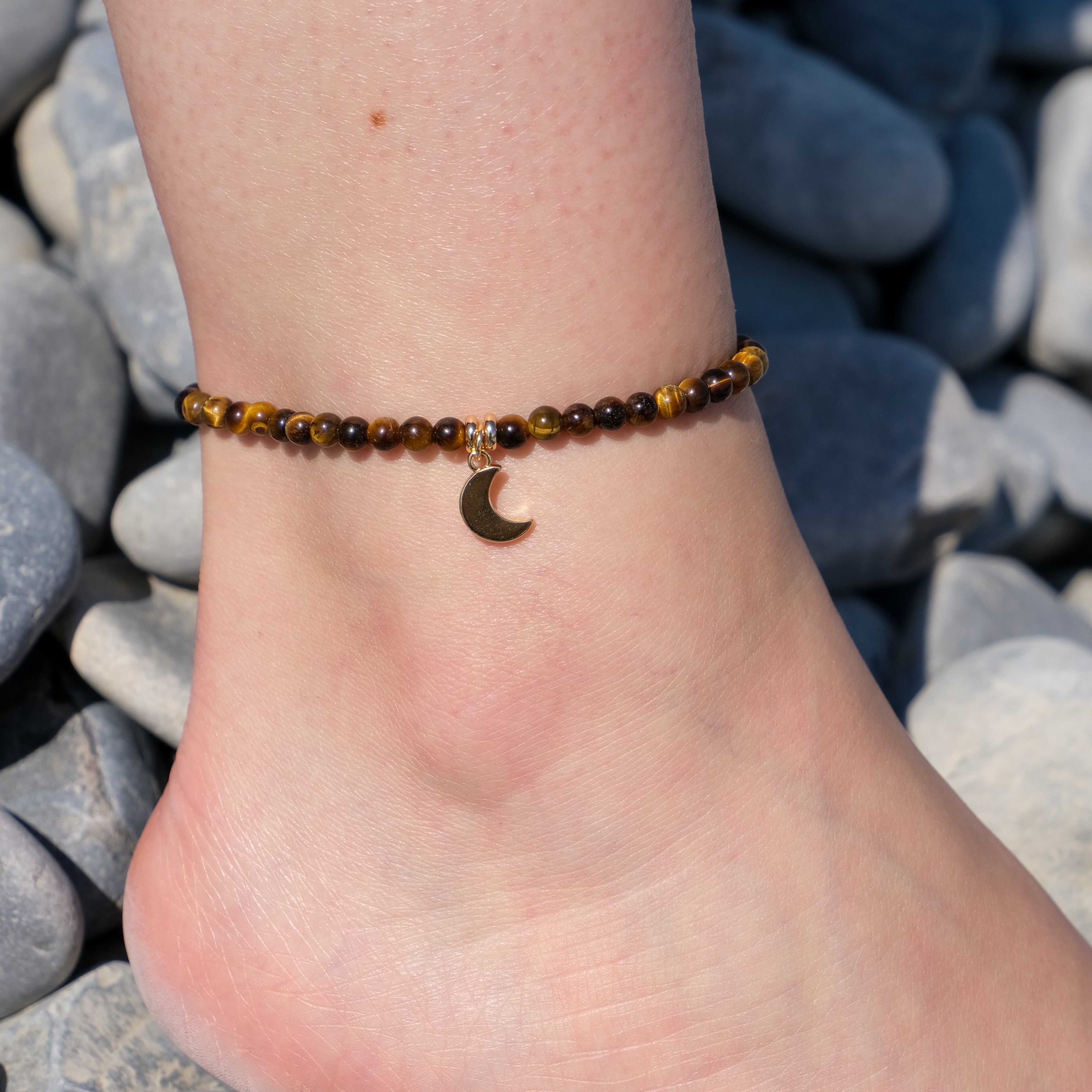 Tiger eye crystal anklet with gold moon charm