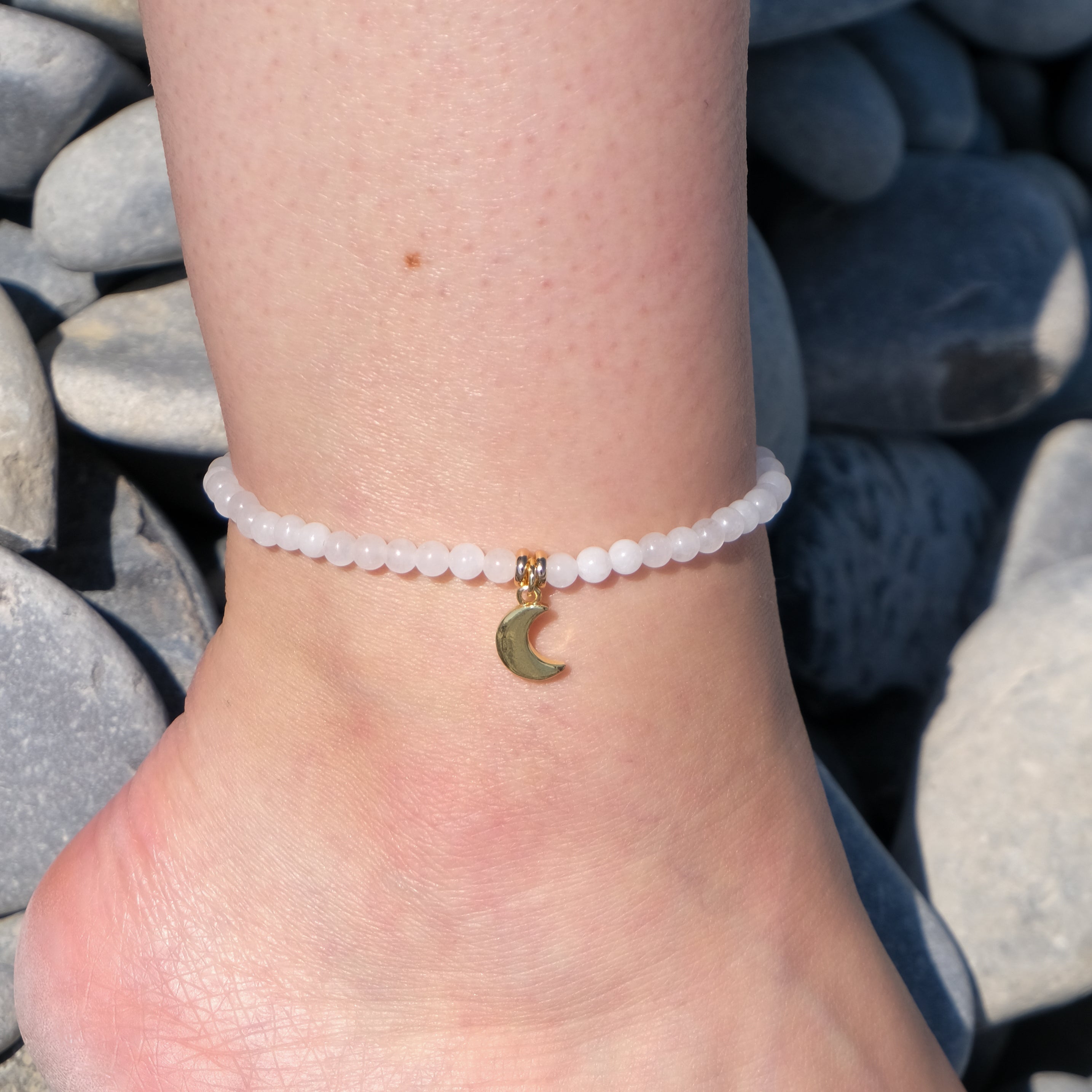 White Jade crystal anklet with gold moon charm